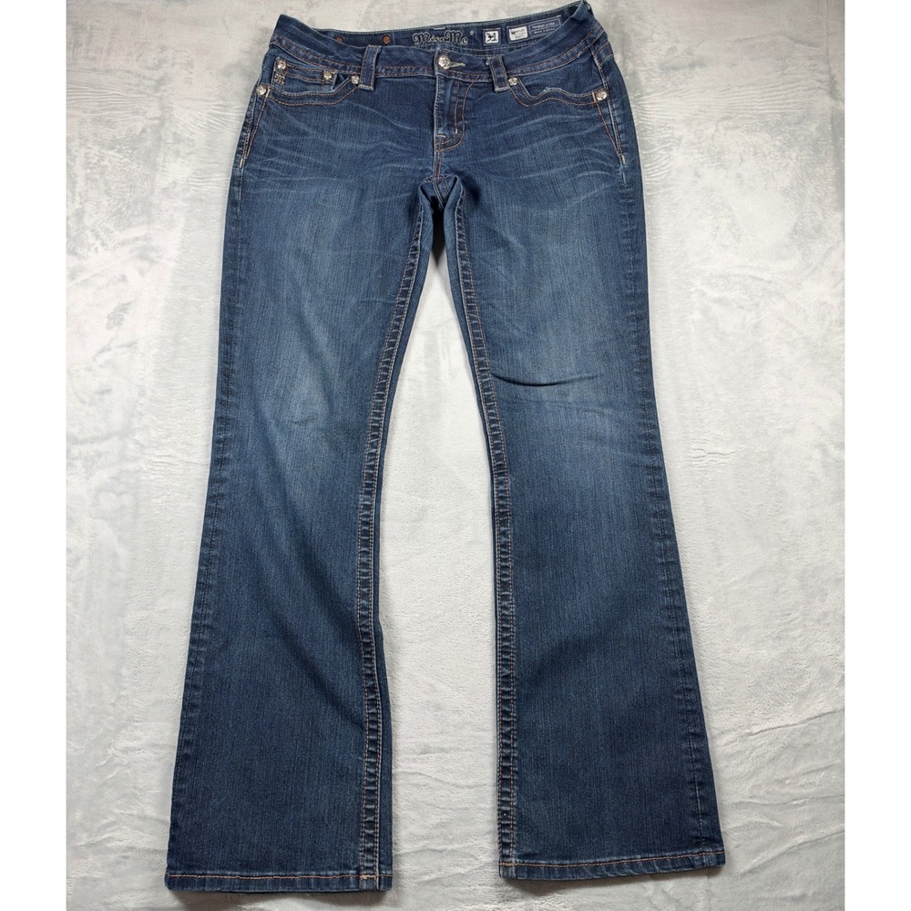Miss Me Signature Boot Jeans Womens 31 Blue Rhinestone Flap Pocket Stretch Boot